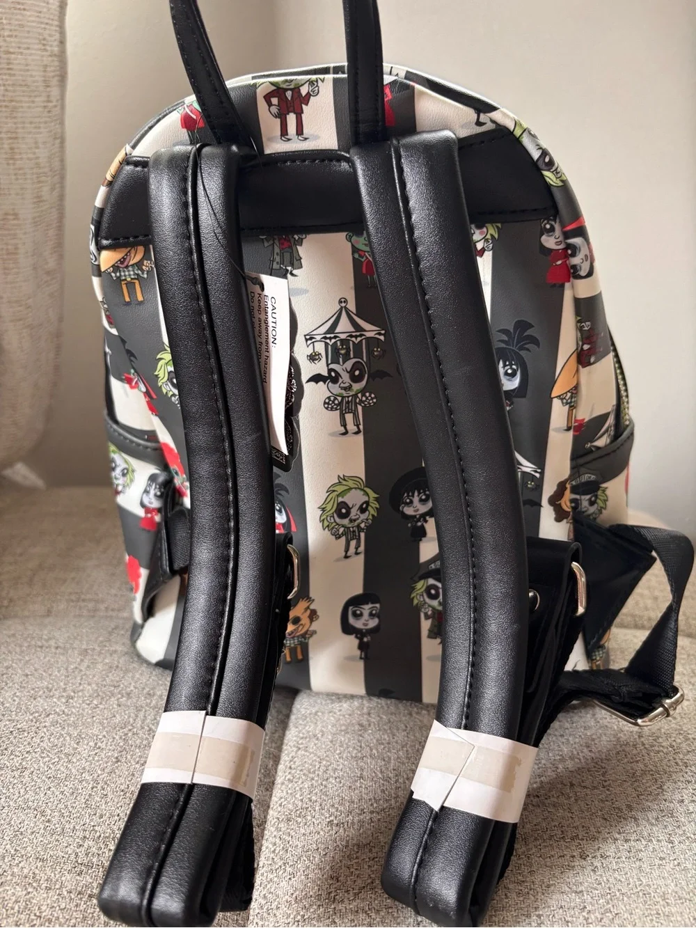 Loungefly Beetlejuice Mini Backpack Black Striped Chibi Character Print NWT